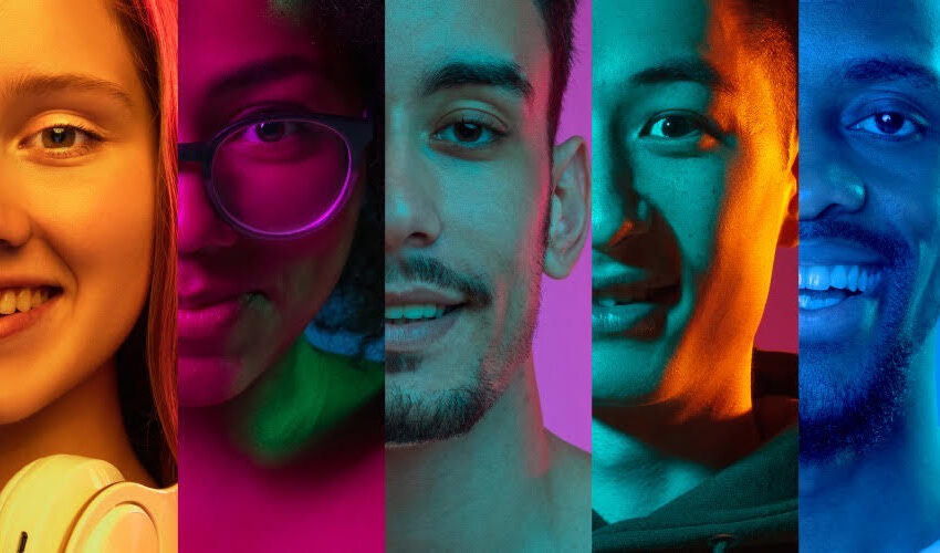 5 different faces are being shown in vibrant colors