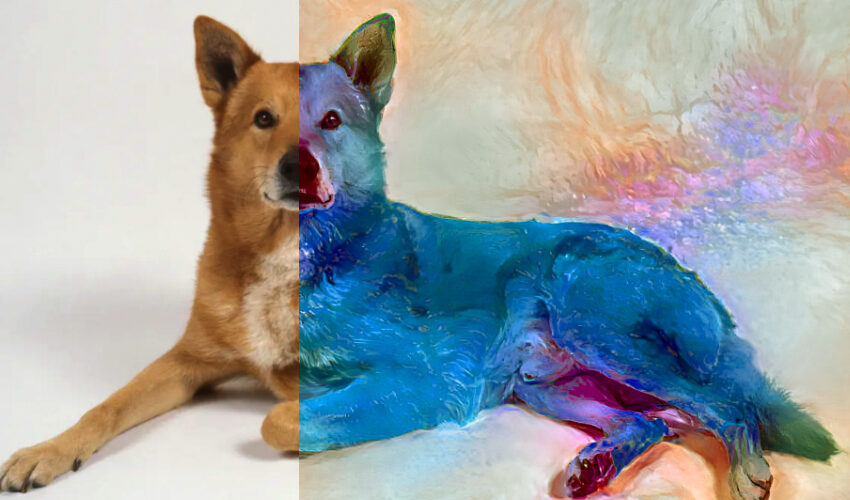 image of dog with half of the dog being realistic and the other half being digitized, all using Generative AI