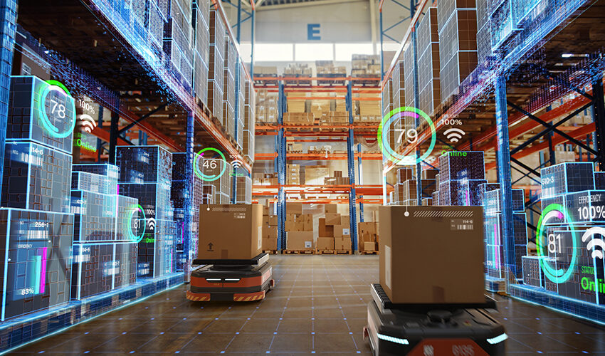 image of warehouse with digital components on the foreground