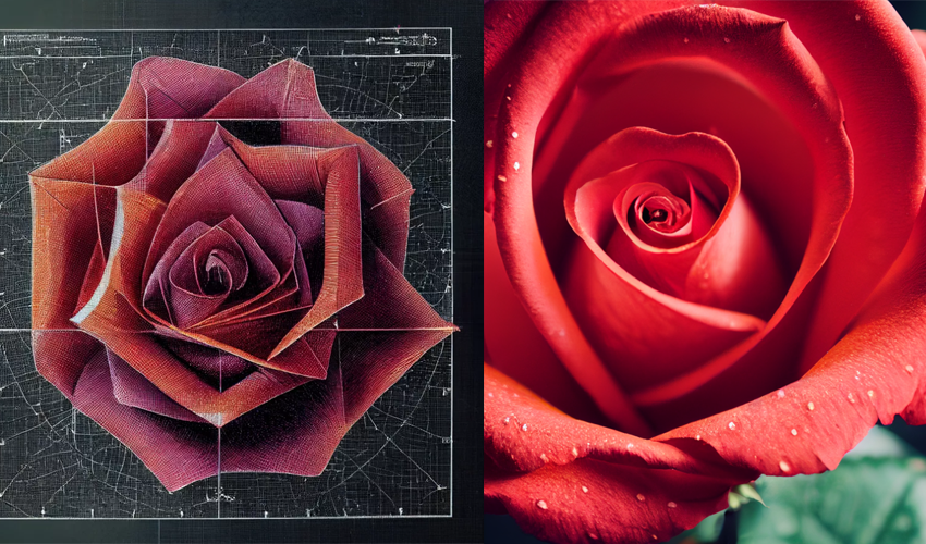 AI generated image of two roses side by side, one on a graph plane, the other natural-like