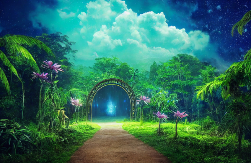 an AI generated image of a whimsical outdoor area with greenery and a magical portal leading to another universe