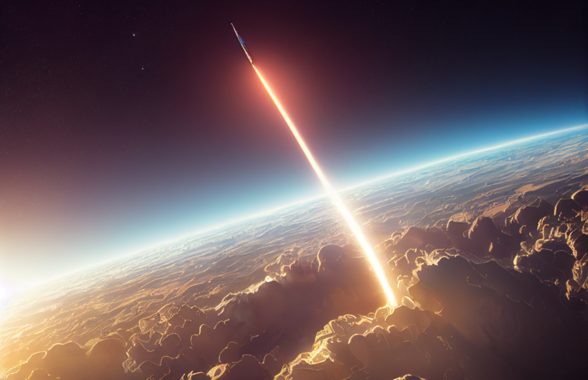 image of a rocket flying out of Earth's stratosphere
