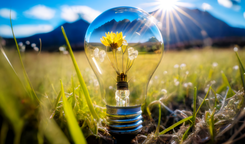 an AI-generated image of an energy efficient light bulb sprouting from grass
