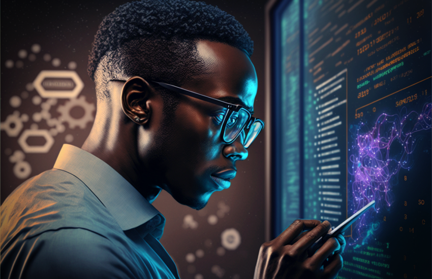 AI-generated image of African American data scientist working on screen
